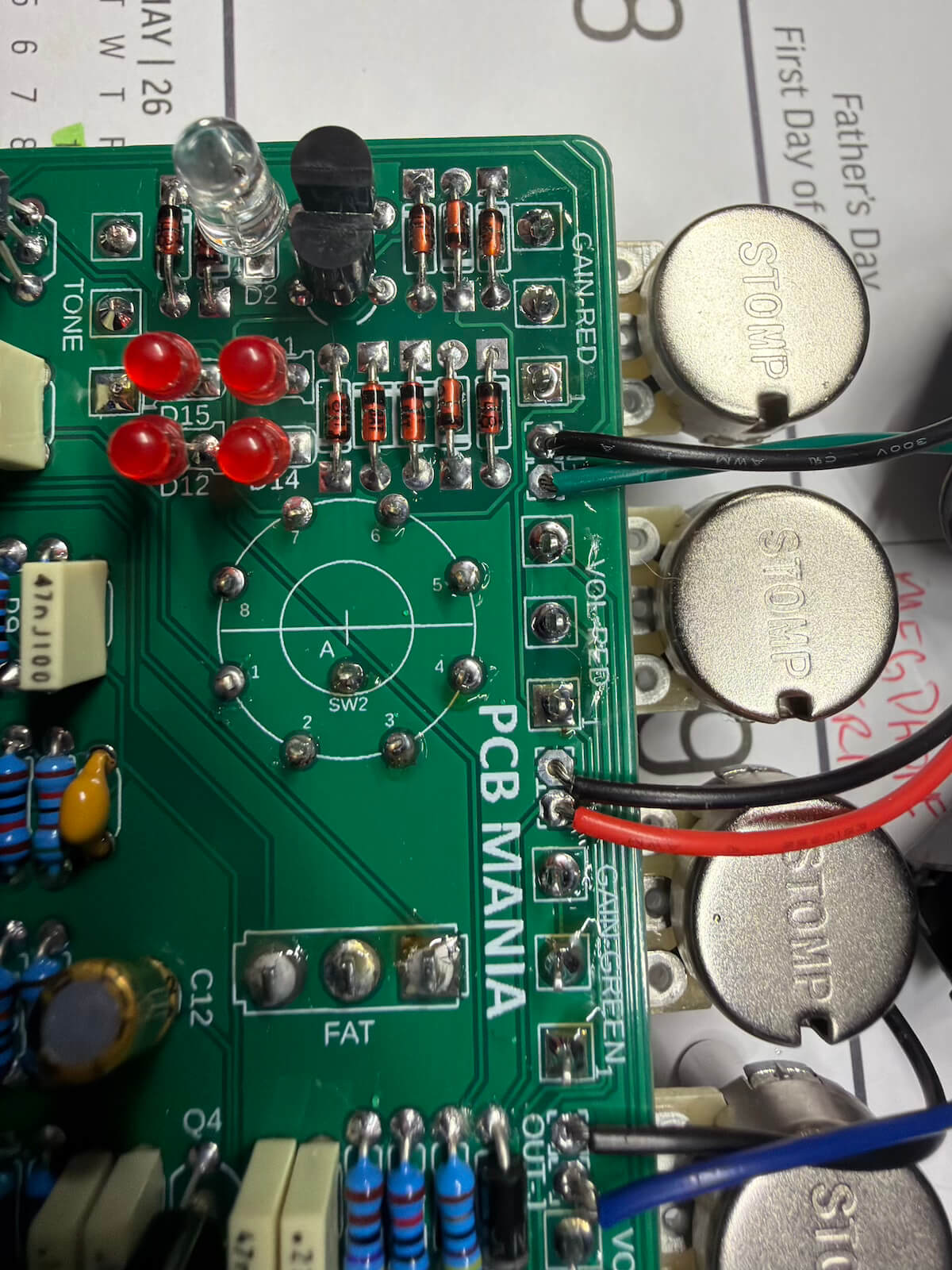 Close view of Green Screamer PCB during troubleshooting