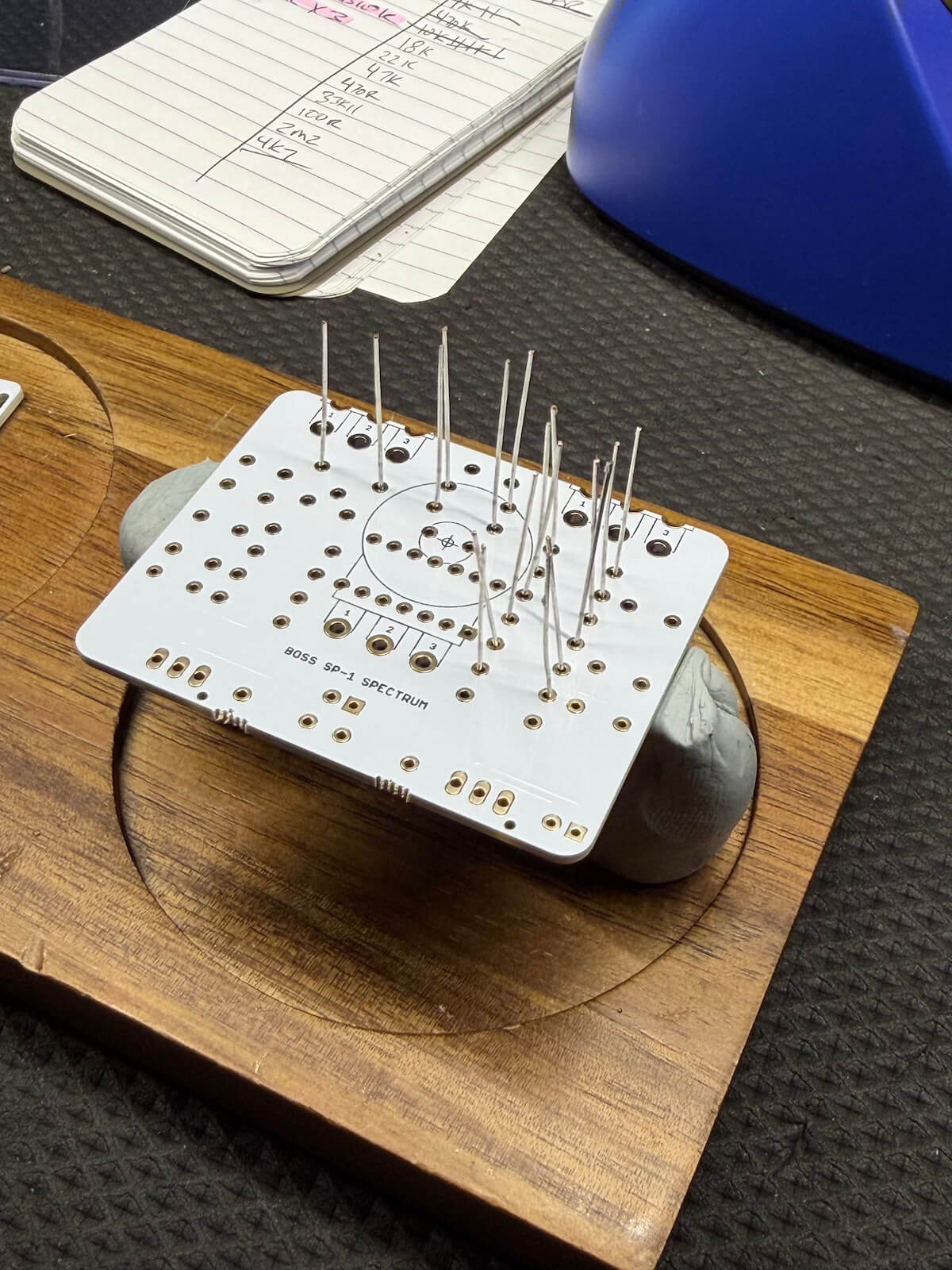 DIY pedal PCB during component installation