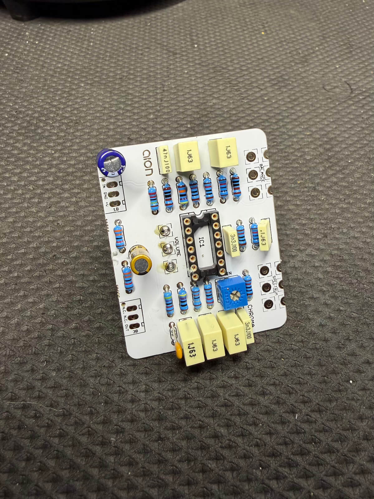 Populated DIY pedal PCB after soldering