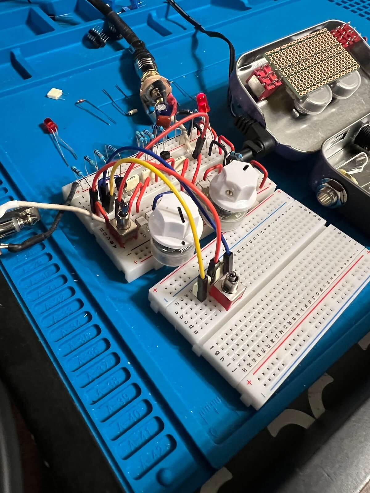 Dual-stage power boost circuit under development on a breadboard