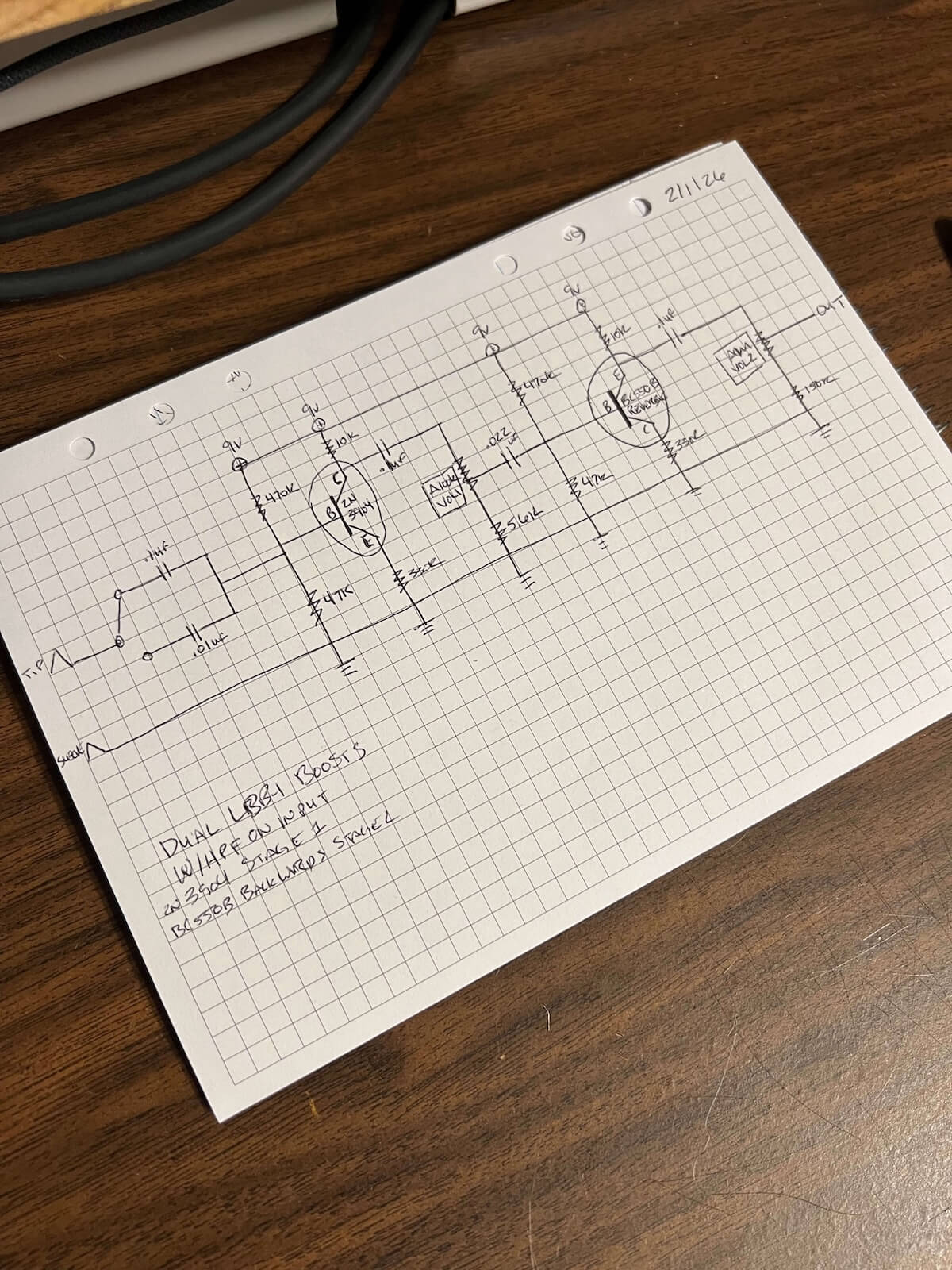 Hand-drawn schematic for the dual-stage transistor power boost