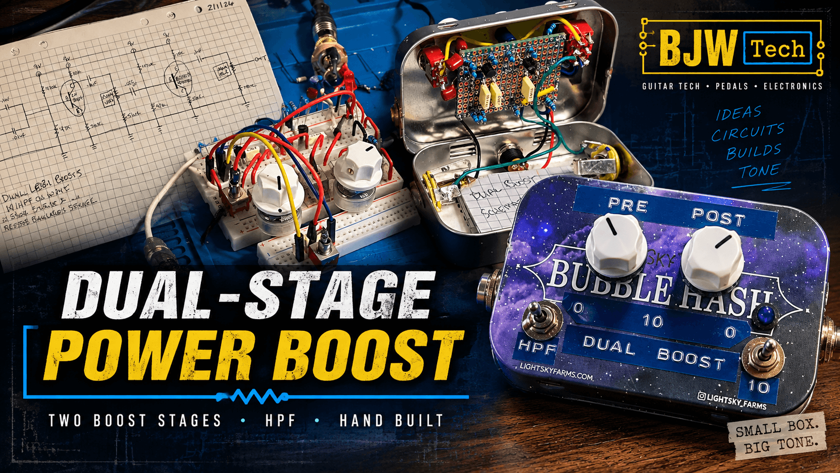 Dual-stage power boost project from schematic and breadboard development through perfboard construction to the finished pedal