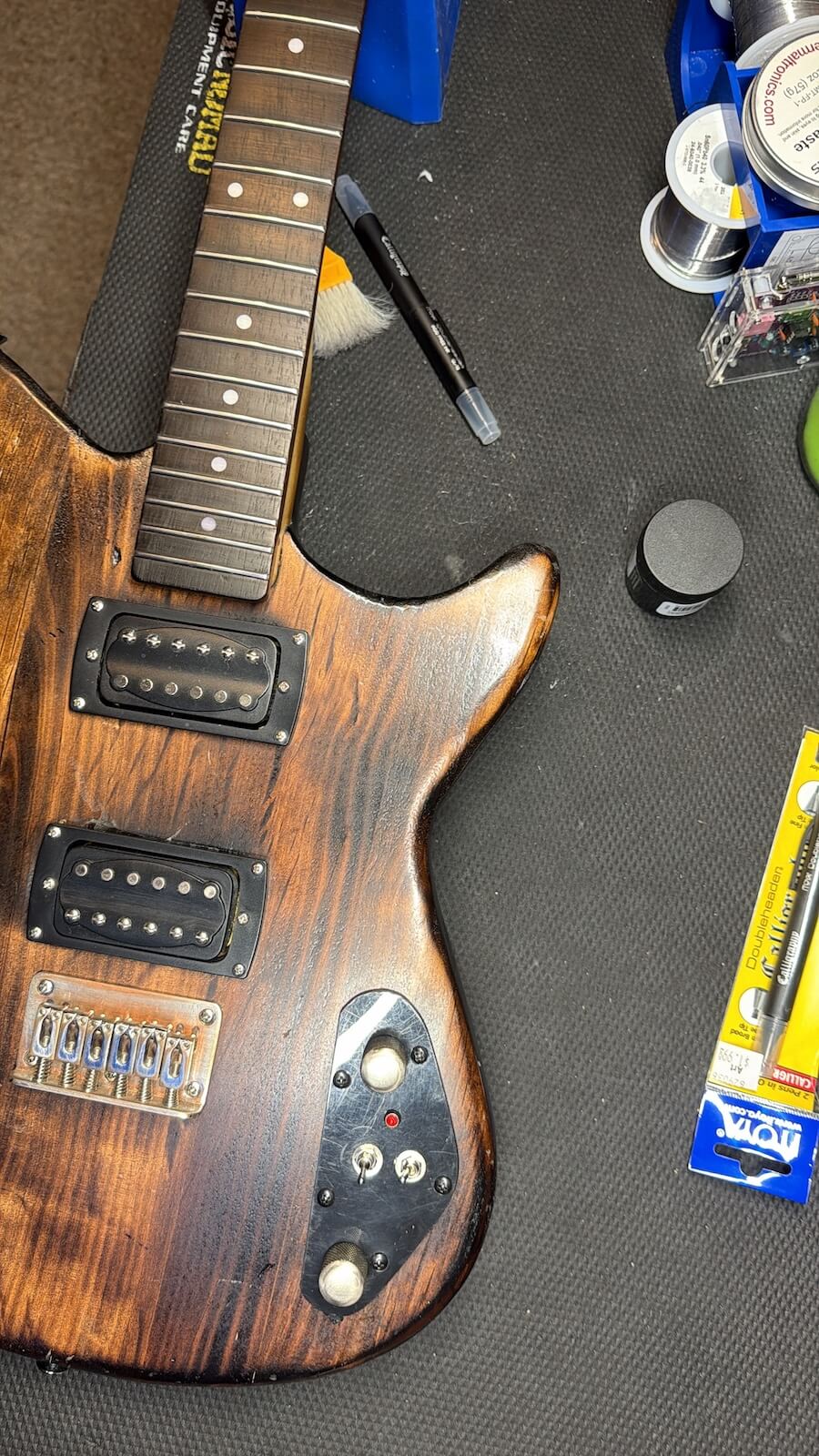Finished First Act control plate with volume, tone, pickup selector, JFET switch and LED