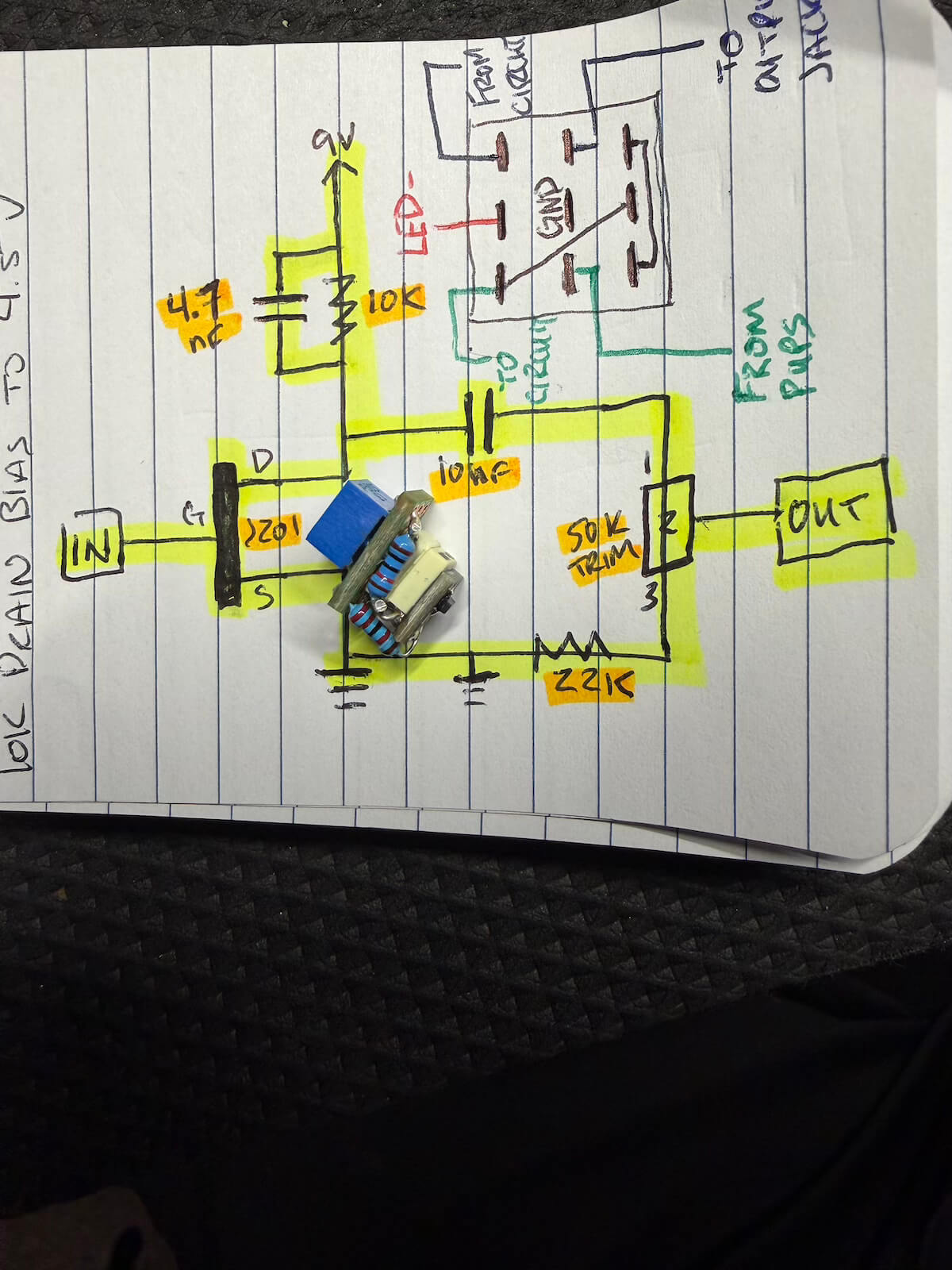 Hand-drawn JFET preamp schematic with finished compact circuit board