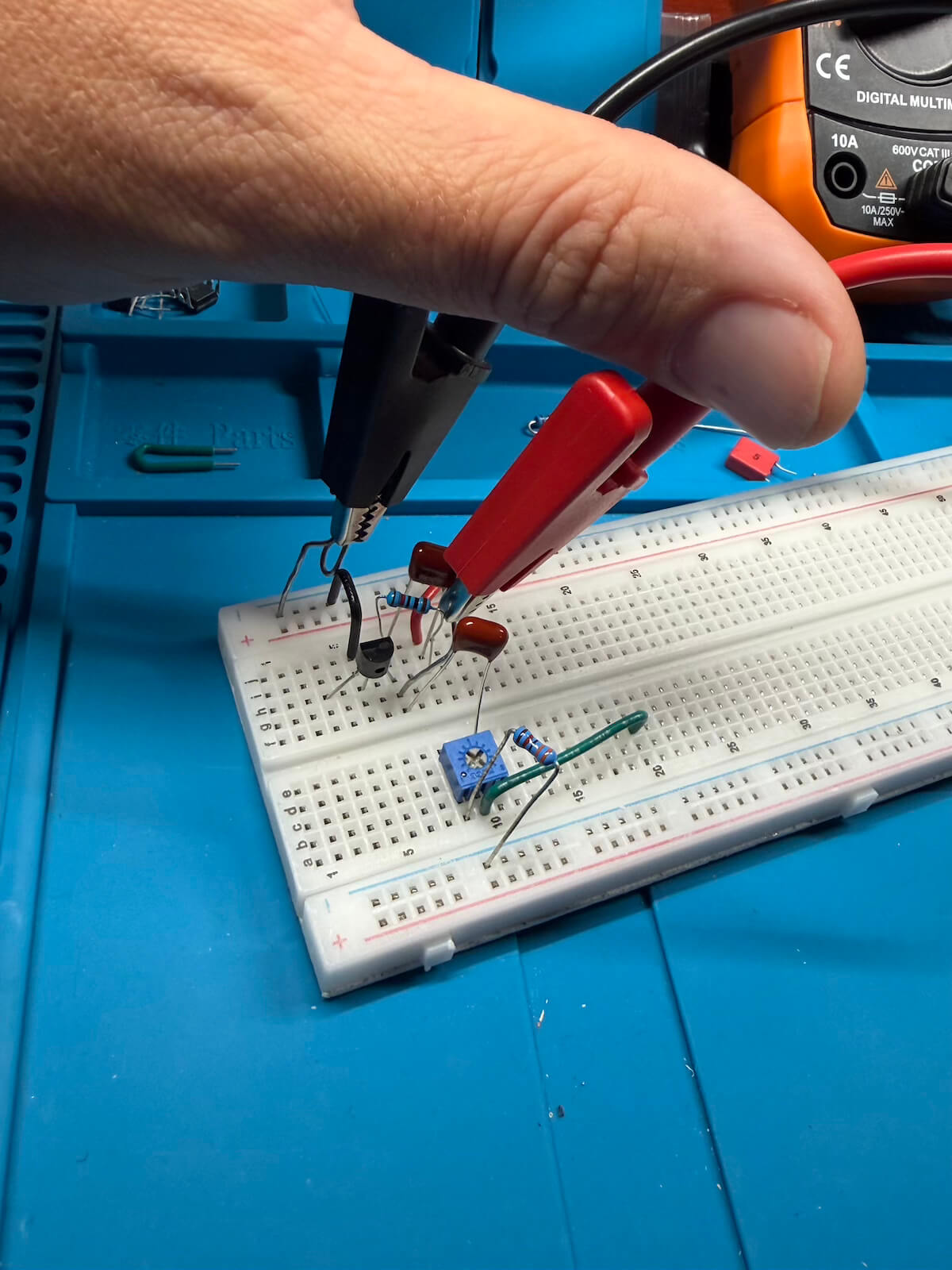 JFET guitar preamp being developed on a breadboard