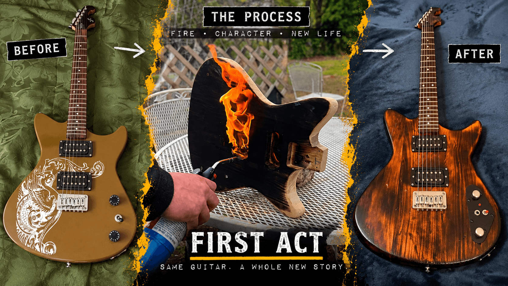 First Act ME4016 transformation from original guitar through torch burning to the finished rebuild