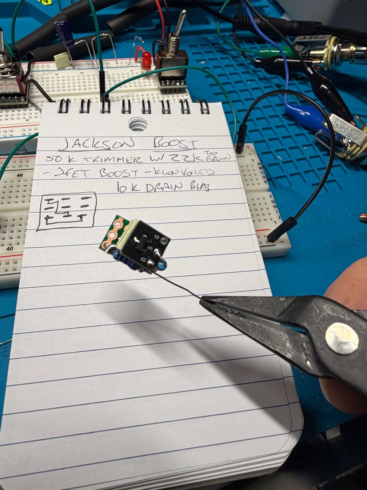 Compact JFET preamp circuit built for installation in the Jackson guitar