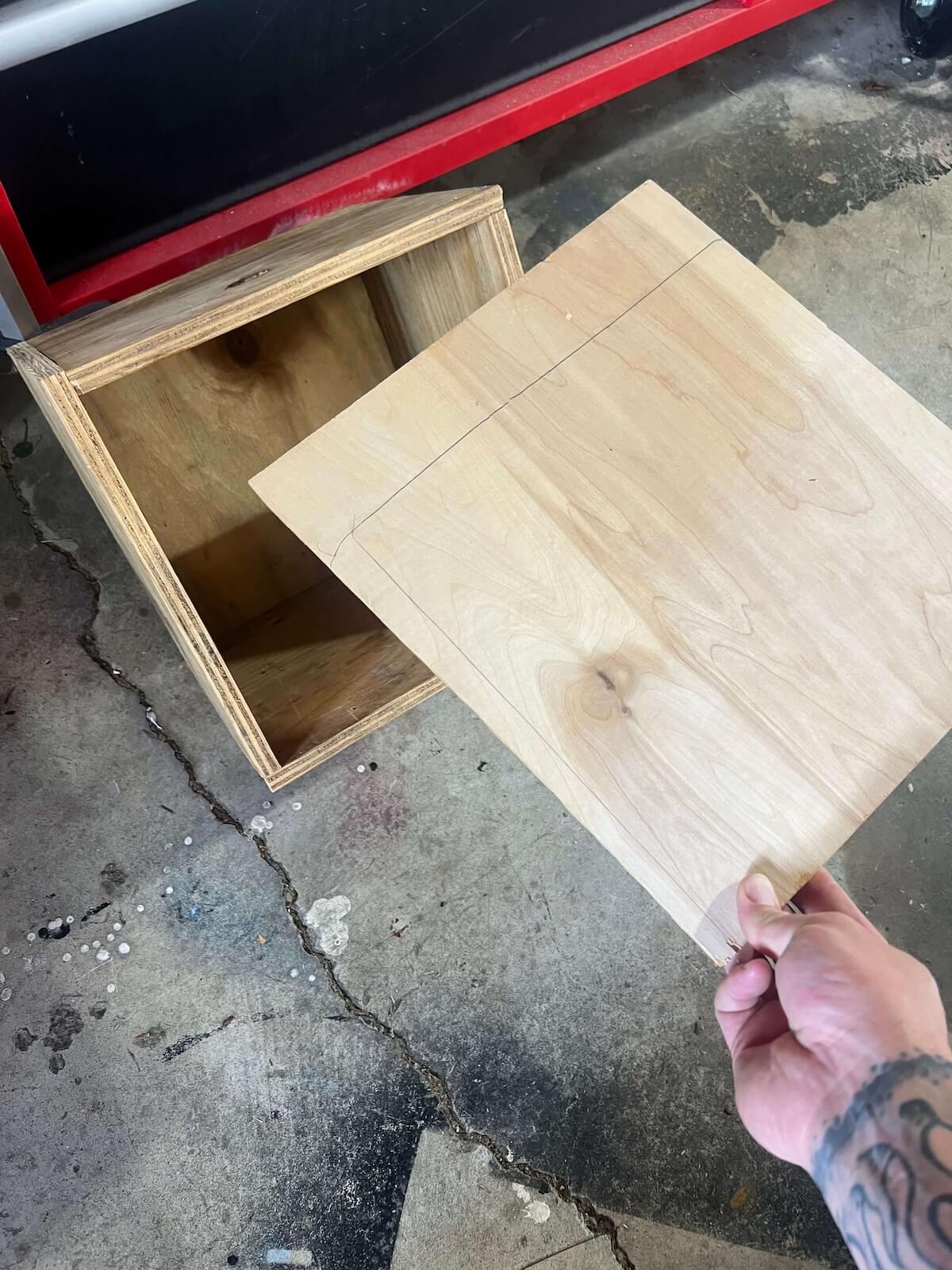 Small wooden speaker cabinet being built for the salvaged PA speaker