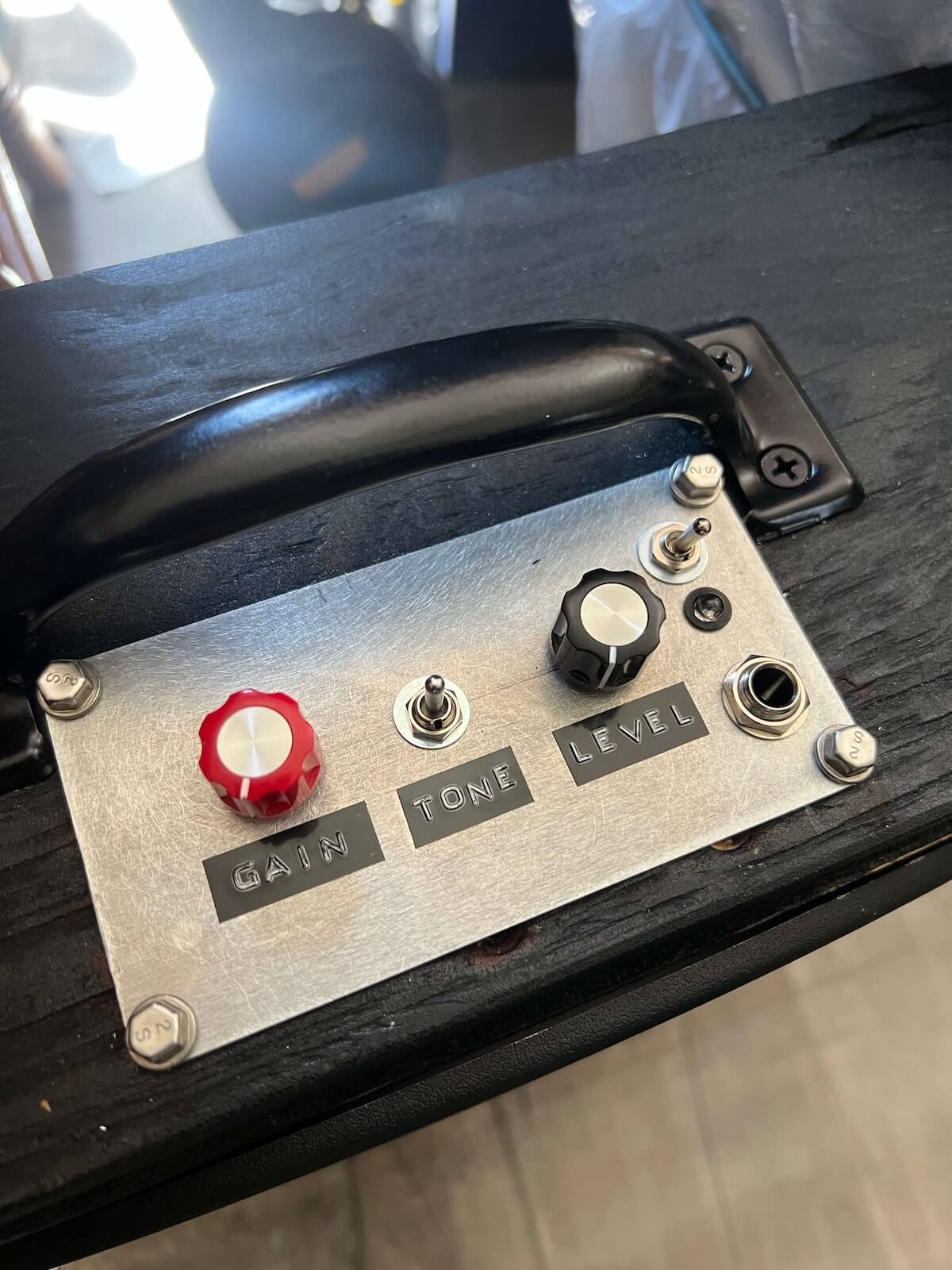 Finished LM386 amp control panel with Gain, Tone and Level labels