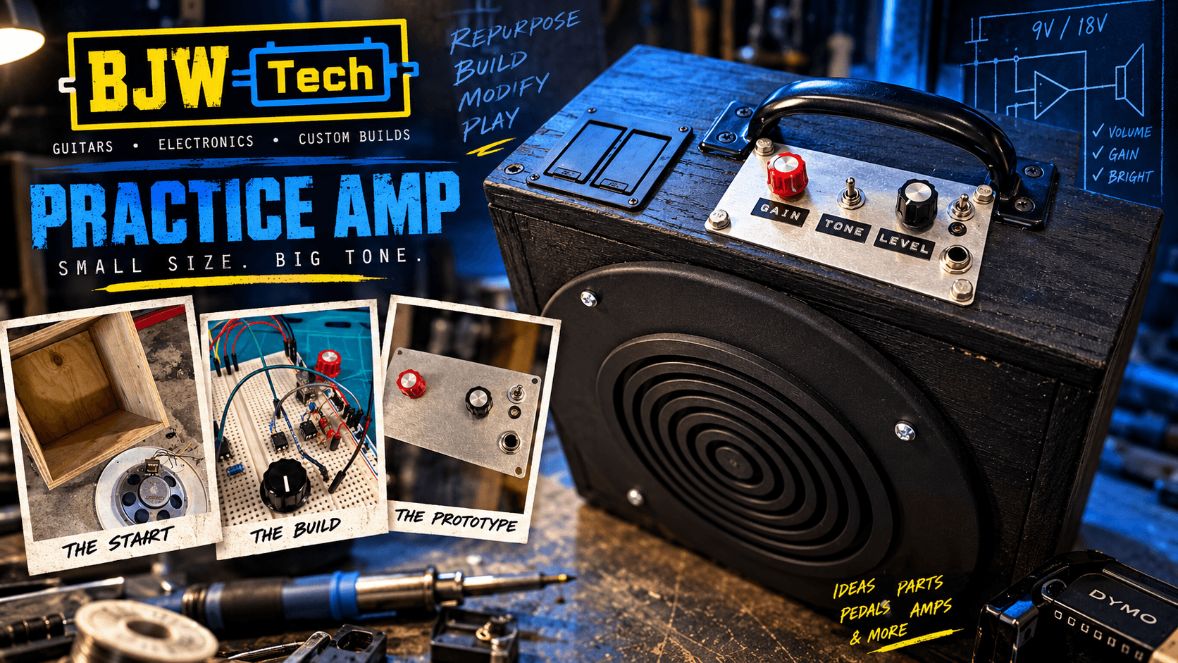 Compact LM386 practice amplifier built around a salvaged PA speaker