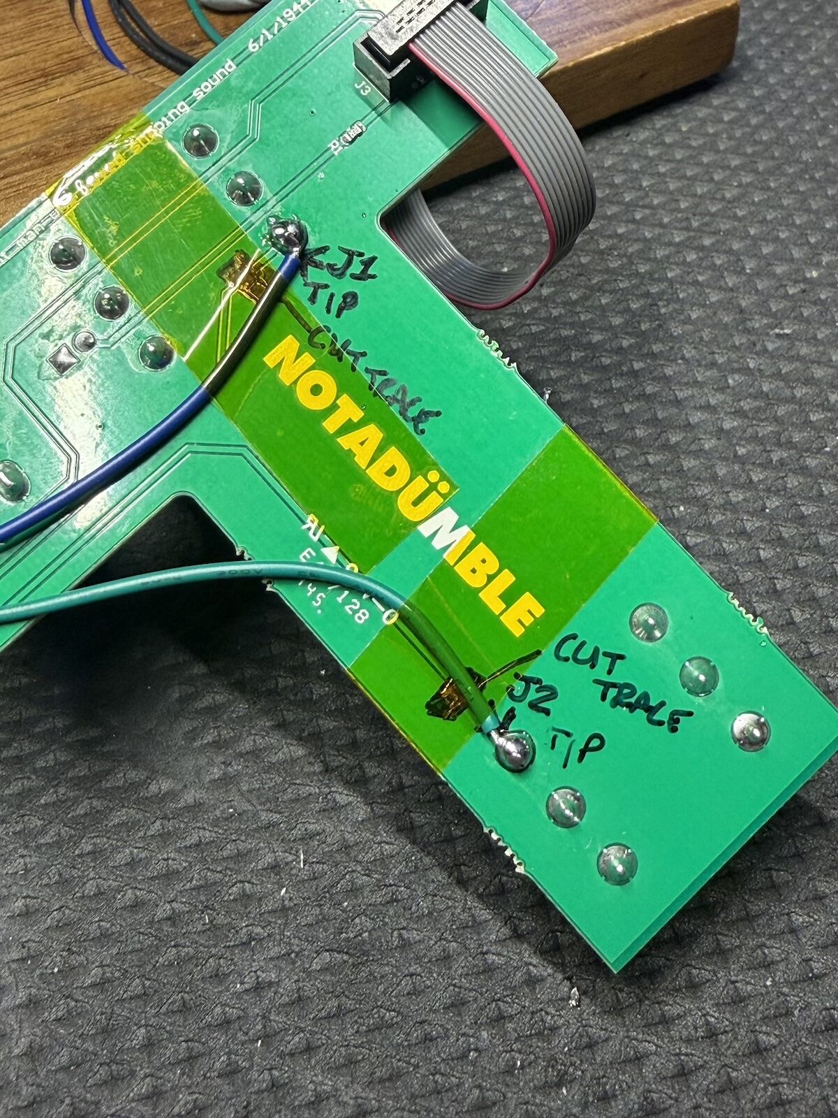 Notadumble PCB with identified channel tap points and isolated traces