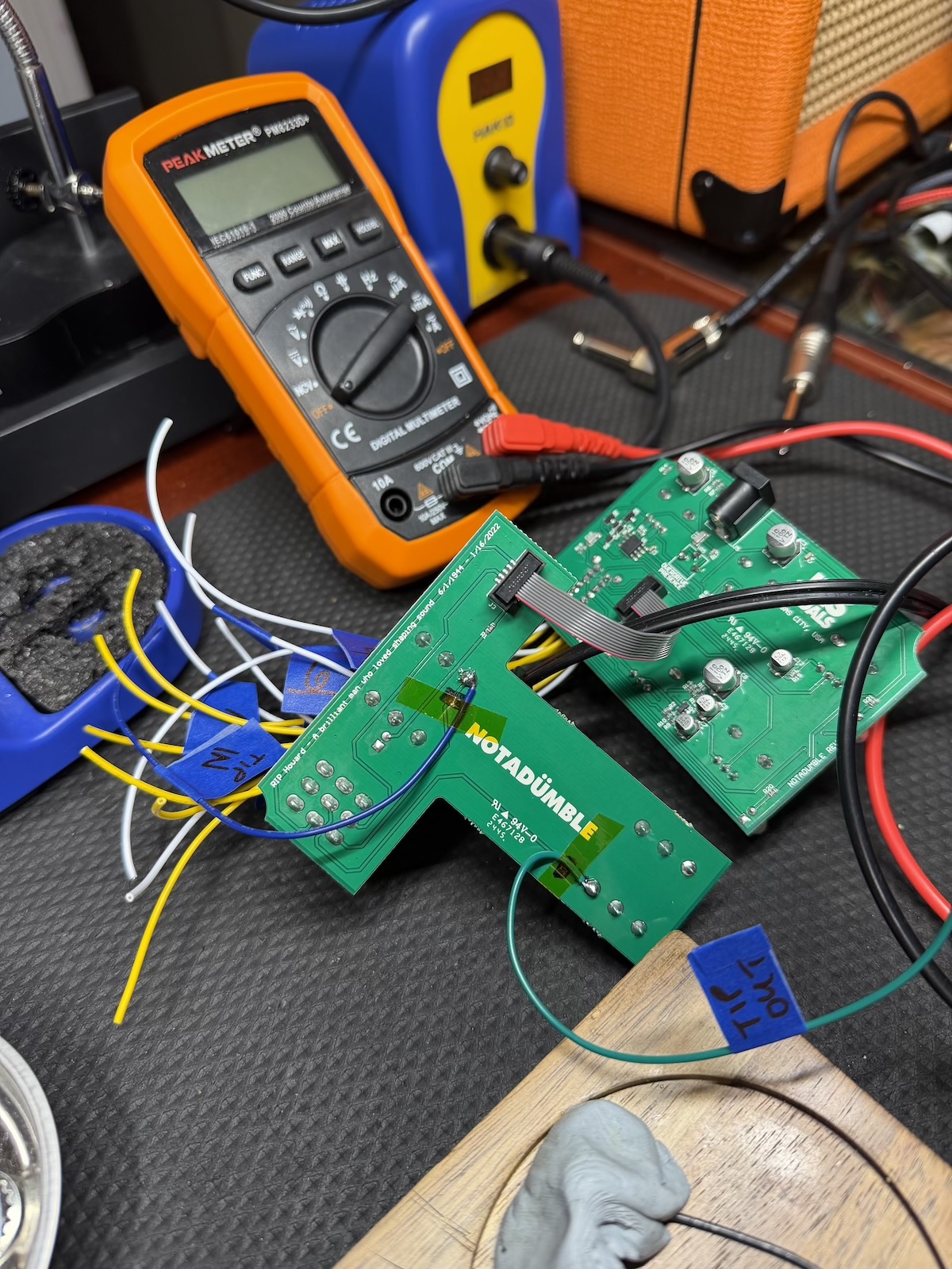 Notadumble circuit boards undergoing continuity testing during the modification