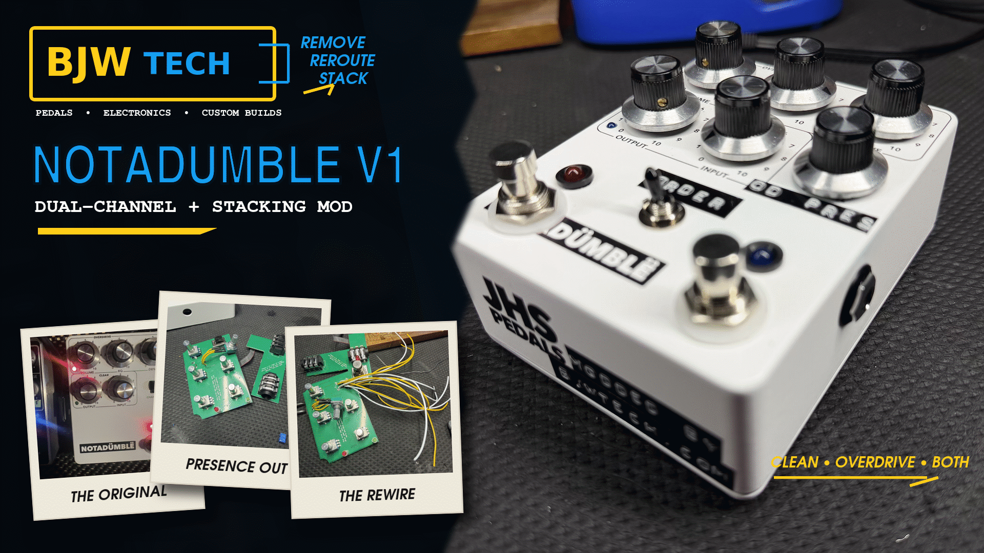Modified JHS Notadumble V1 with dual footswitches, channel LEDs, external presence control and stacking-order switch